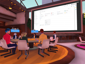 A virtual meeting at a round table with a giant screen in a small conference room via the Teooh app.
