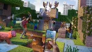 A hand holds a mobile phone with a thumb placed on it at the bottom of an image displaying a vast Minecraft cyberscape, Minecraft blocks spread across with numerous players arrayed across battlements fighting skeletons, shooting arrows, firing spells, fending them off in a grand augmented reality adventure!