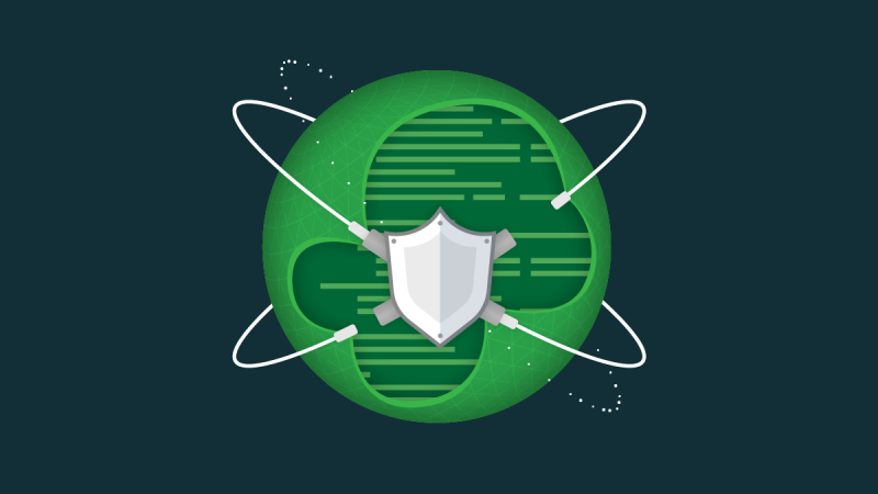 Dark blue field with a green globe with dark green globs, white orbits connect a silver shield in front.