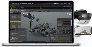 In augmented reality editor visual of WorkLink Creator showing a rover, IDE, elements a headset and a mobile device on the side