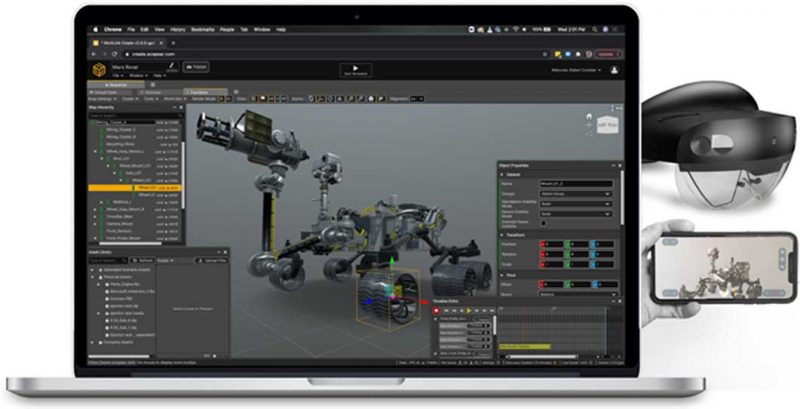 In augmented reality editor visual of WorkLink Creator showing a rover, IDE, elements a headset and a mobile device on the side