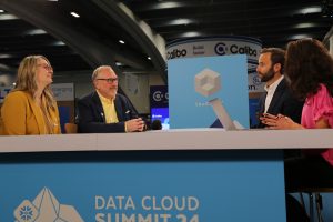 Jayne Strickland, co-founder and CCO of SignalFlareAI, Mike Lukianoff, CEO of Signal FlareAI and Stefan Williams, VP of corporate development and Snowflake Ventures at Snowflake Inc talking to theCUBE about snowflake data cloud at Data Cloud Summit 2024