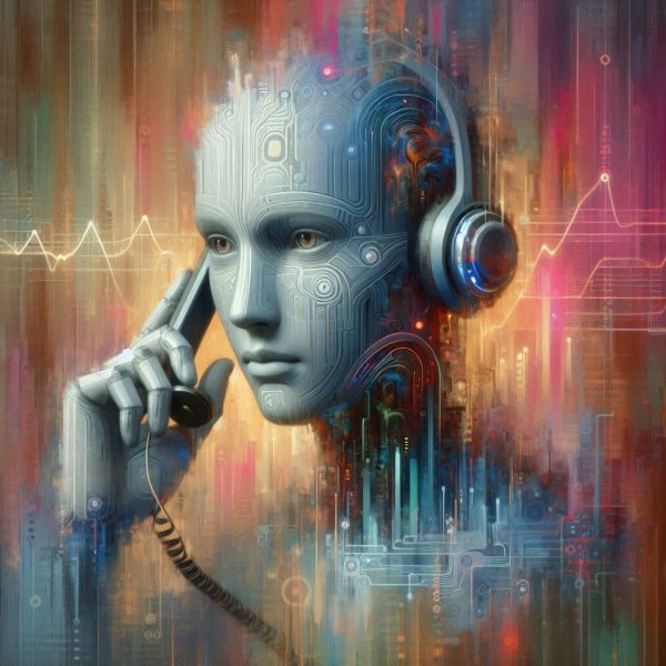 a bald contact center worker with a phone in hand with an abstract digitalized look and background that looks like an AI or robot holding a corded phone