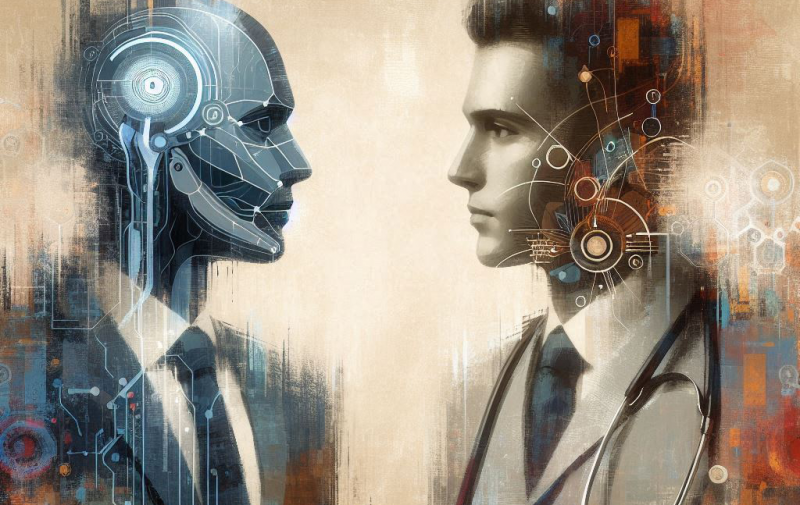 AI prompt Microsoft Designer: "An AI medical doctor with a stethoscope around its neck on the right side and a businessman wearing a suit on the left side facing each other abstract art with muted colors"