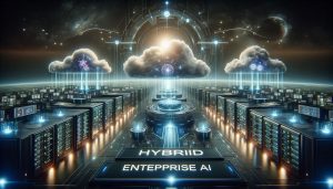 The image depicts hybrid enterprise AI, with interconnected on-premises servers, cloud platforms and edge devices.