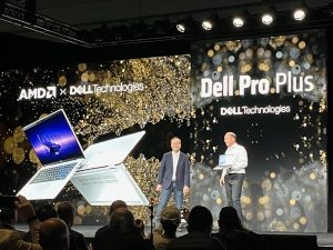 Jack Huynh (left) of AMD and Sam Burd of Dell made a joint announcement on the AI personal computer at CES in Las Vegas.
