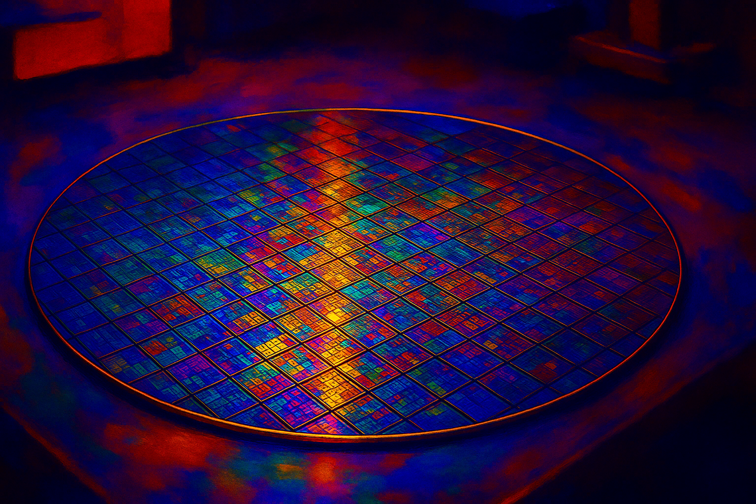 A semiconductor wafer with vibrant colors sitting in the middle of the screen
