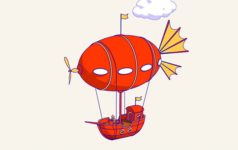 A bright orange blimp carrying a vivid red galleon-style sailing ship hull beneath it.