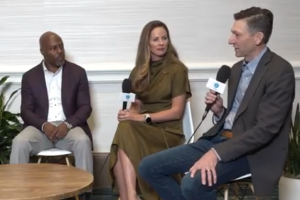 Matt Hobbs (right), PwC, Gina Fratarcangeli (center), Google, and Jim Anderson (left), Google, talk to theCUBE about enterprise AI scaling challenges, change management, AI-native engineering and the Google Cloud-PwC partnership, at Google Cloud Next 2026.
