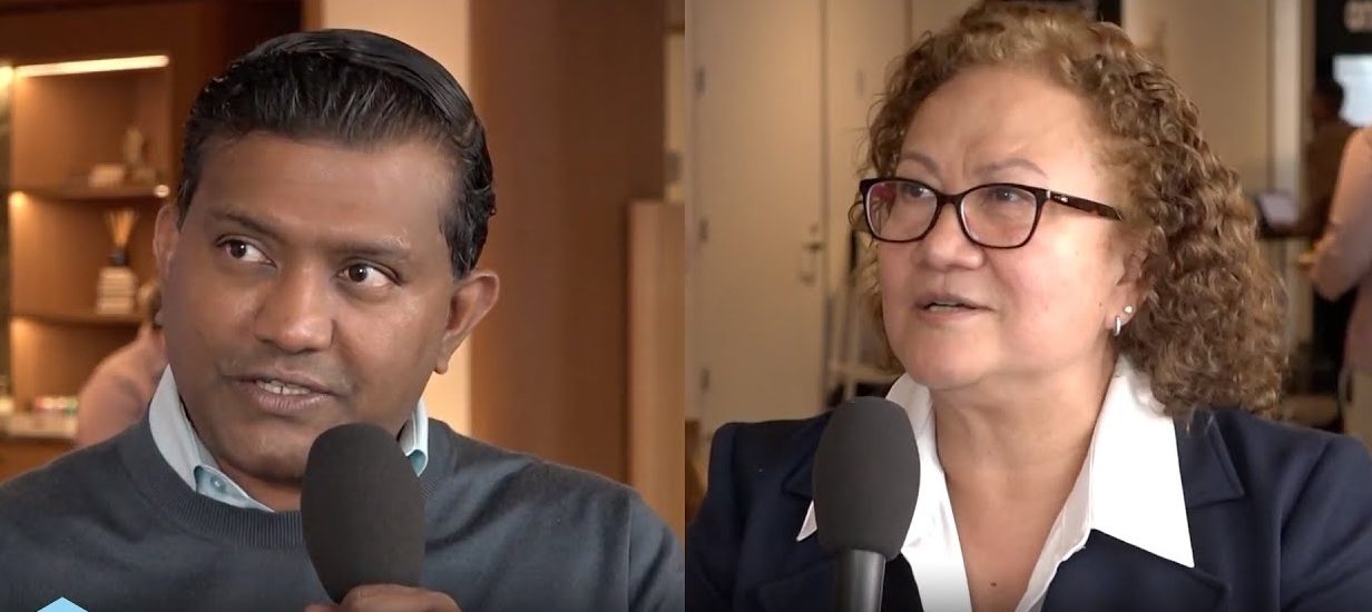 Srini Raghavan (left), Chief Product Officer at Freshworks, and Martha Perez (right), VP of IT at iQor, talk to theCUBE about how unified AI service management consolidates data for better context-aware AI agents, at Freshworks Refresh 2026.