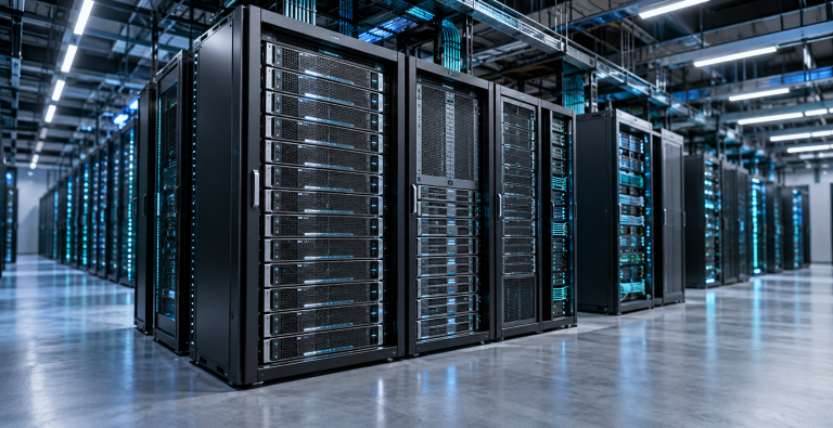 AI-generated illustration of storage and compute racks supporting an enterprise AI storage strategy.