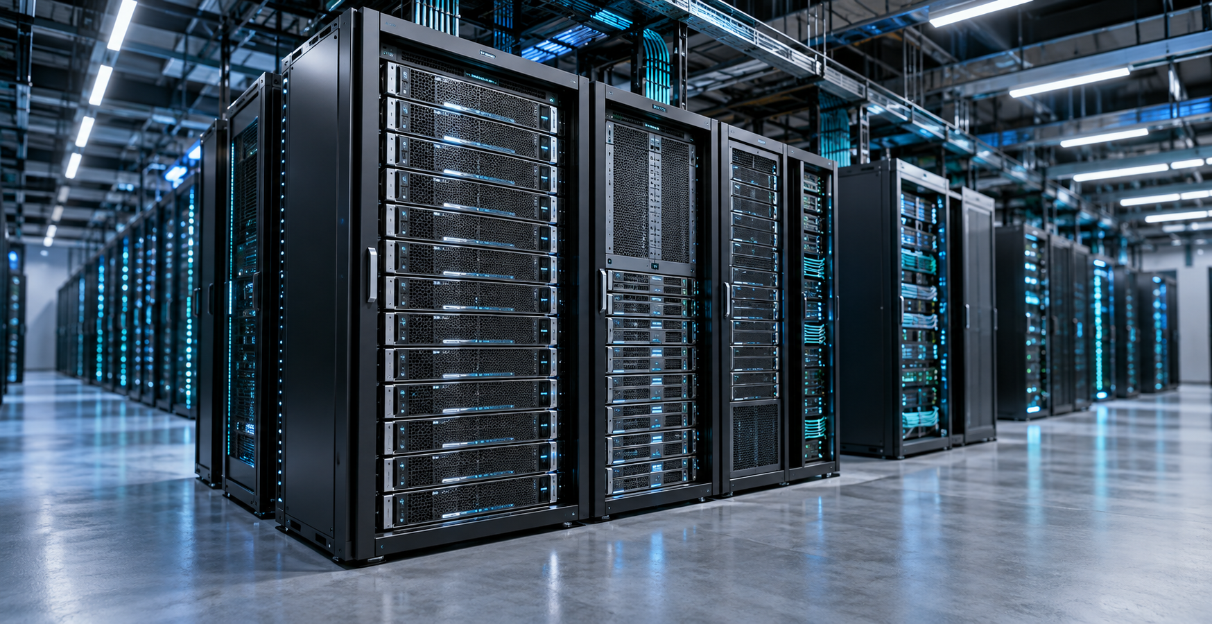 AI-generated illustration of storage and compute racks supporting an enterprise AI storage strategy.
