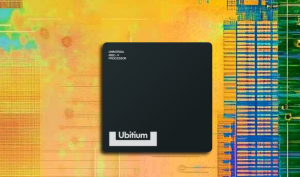 Ubitium processor image with a yellow to green technology-infused background